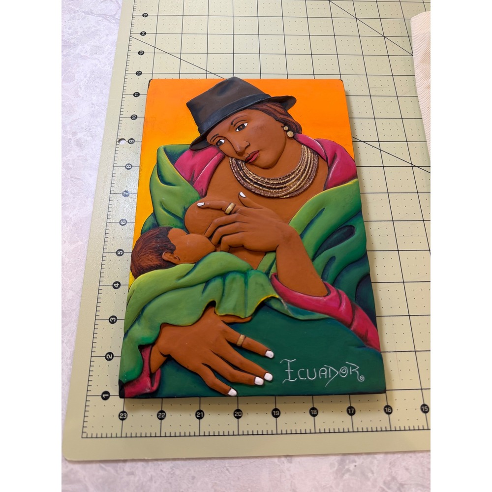 Ecuador Hand Painted Terracotta Clay Wall Plaque Mother Nursing Child 3D Relief